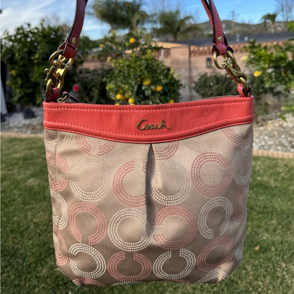 Coach Ashley Dotted Op Art Hippie Beige And Coral Shoulder Crossbody Bag #F20088 - Picture 2 of 16